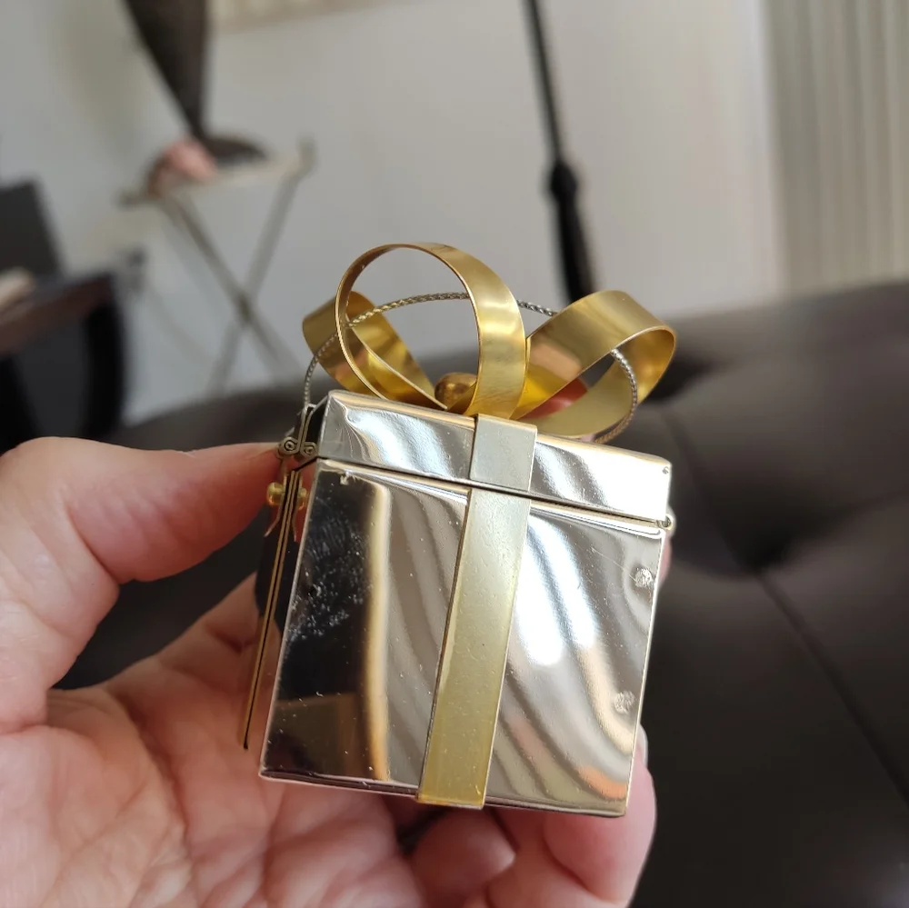 NWT Crate & Barrel Vintage Small Metallic Gift Box Ornament with Gold Bow